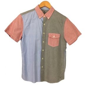American Eagle Short Sleeve Button Down Casual Dress Shirt Color Block Slim S